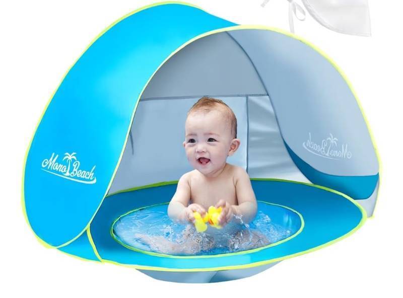 lot 45727 image: Baby Beach Tent with Sun Hat Pop Up Portable Shade Pool UPF50 UV Protection Sun Shelter for Infant with Easy Set Up Canopy - Retail $40