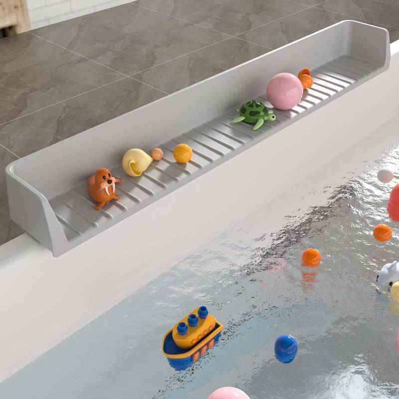 lot 45723 image: Longer Bathtub Splash Guard for Tub Kids, Bathtub Water Guards Play Shelf for Bathing, Toy Tray Caddy Holder for Tub, Silicone Tub Splash Guard Prevent Water Spills in Bathroom (2.6FT, Grey) - Retail $21