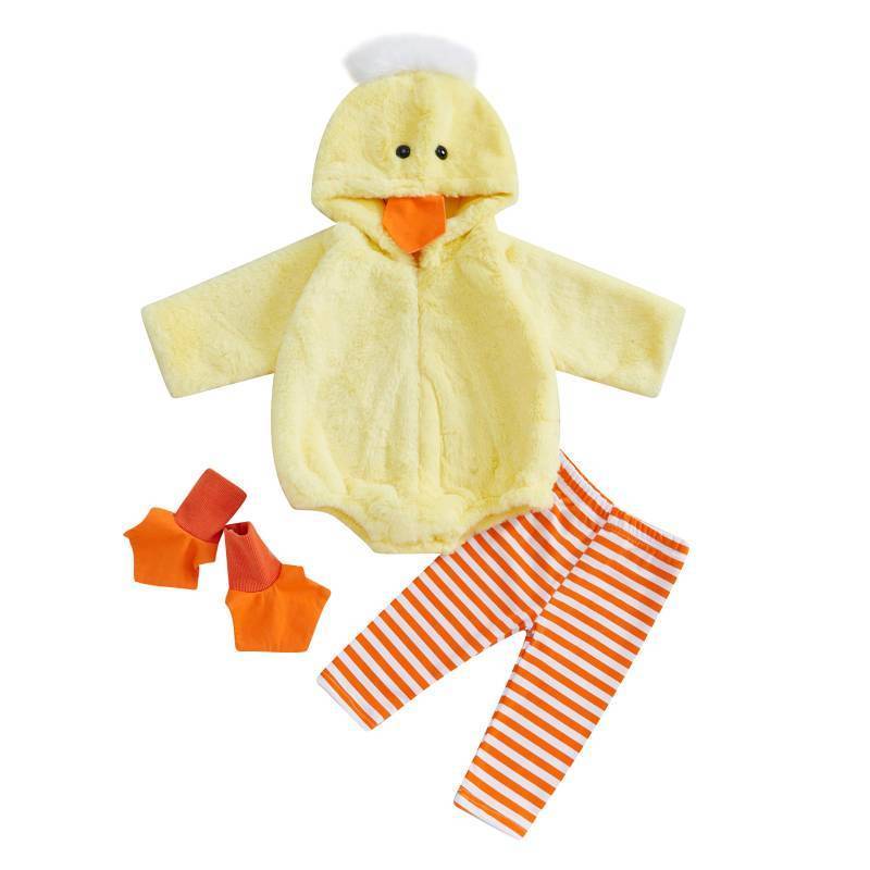 lot 45724 image: Baby Chick Halloween Costumes Cute Infant Toddler Girl Boy Duck Costume Cape Sleeve Fuzzy RomperStriped Leggings (Hooded duck 3pcs Yellow, 6-12 Months) - Retail $30