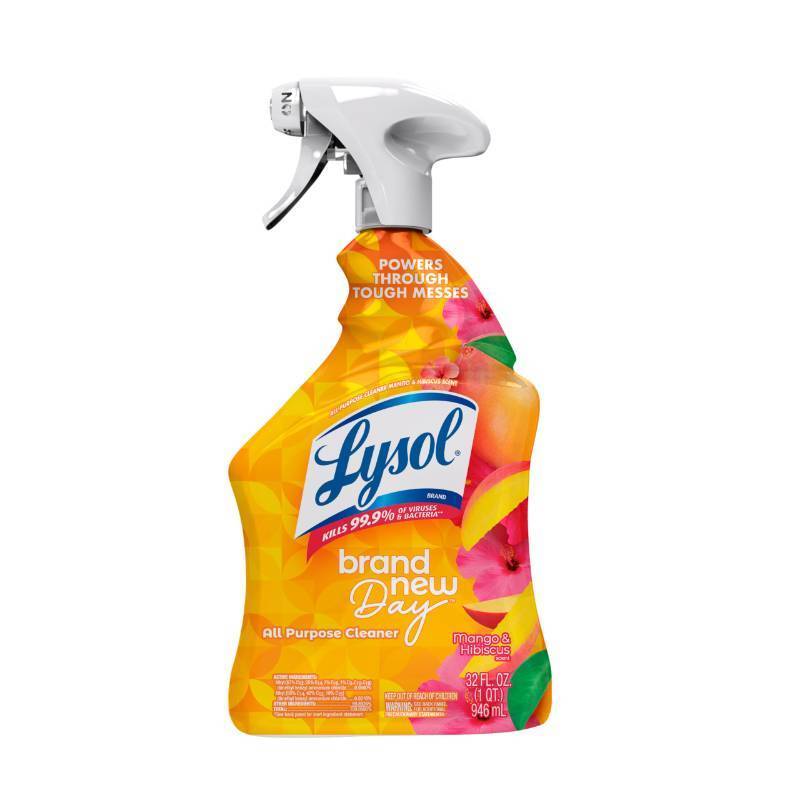 lot 45754 image: Lysol All Purpose Cleaner Spray, Multi-Purpose Disinfecting Spray, Kitchen & Bathroom Cleaner, Mango & Hibiscus Scent, 32 Fl Oz - Retail $4