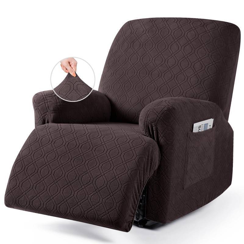 lot 45744 image: Oversized Recliner Chair Cover, 4-Pieces Stretch Recliner Covers for Recliner Chair Soft Reclining Chair Slipcover Jacquard Pattern Furniture Protector for Dogs Cats(Chocolate) - Retail $49