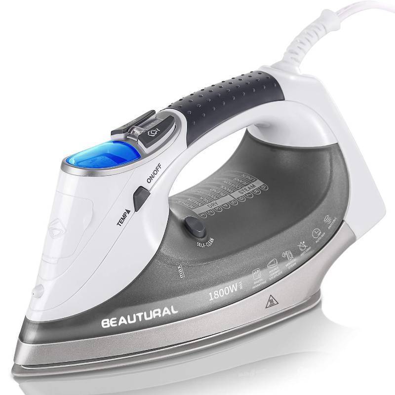 lot 45718 image: BEAUTURAL 1800-Watt Steam Iron with Digital LCD Screen, Double-Layer and Ceramic Coated Soleplate, 3-Way Auto-Off, 9 Preset Temperature and Steam Settings for Variable Fabric. BOTTOM NEEDS TO BE CLEANED - STICKY - Retail $40
