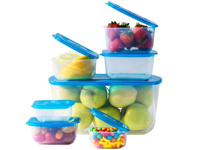 lot 45713 image: Food Storage Containers, Permanently Attached Plastic Lid, Never Lose & Space Saving Organization (7 Pack) - Retail $25