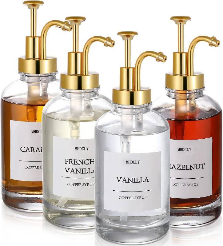 lot 45703 image: Coffee Bar Accessories, Coffee Syrup Dispenser - 4pack,16.9oz Syrup Dispenser with Labels, Syrup Pump Dispenser for Coffee Bar(Gold Pump) - Retail $25
