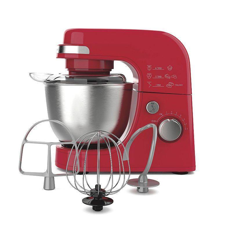 lot 45697 image: Hamilton Beach 4 Quart Stand Mixer for Kitchen  7 Speeds  Tilt-Head  Dough Hook  Whisk & Flat Beater  Red - Retail $180