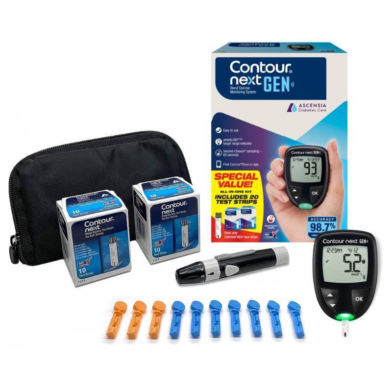 lot 45767 image: CONTOUR NEXT GEN Blood Glucose Monitor All-In-One Kit with 20 Test Strips, Accurate Blood Sugar Monitor, Easy-to-Use Glucose Meter, Portable and Reliable Diabetes Testing Kit. One Box Opened. - Retail $20