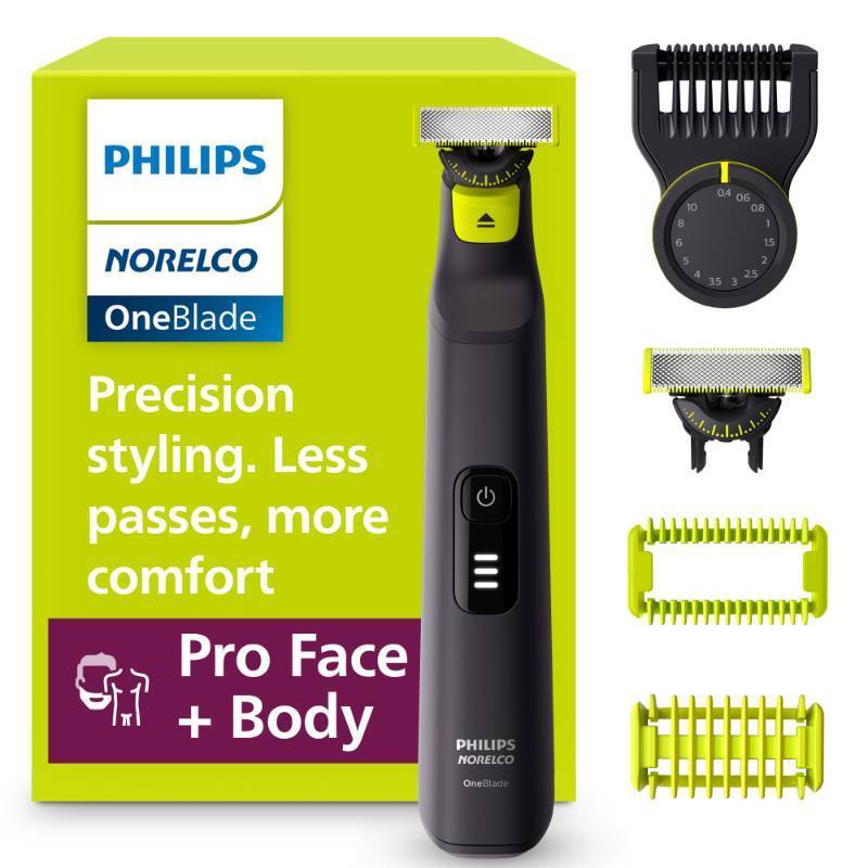 lot 45752 image: Philips Norelco OneBlade Pro 360 Face  Body Electric Shaver, Beard Trimmer and Groomer, with 360 Blade Technology, 14-Length Precision Comb, Body Kit, Soft Pouch, MISSING ADJUSTABLE GAURD  - Retail $70
