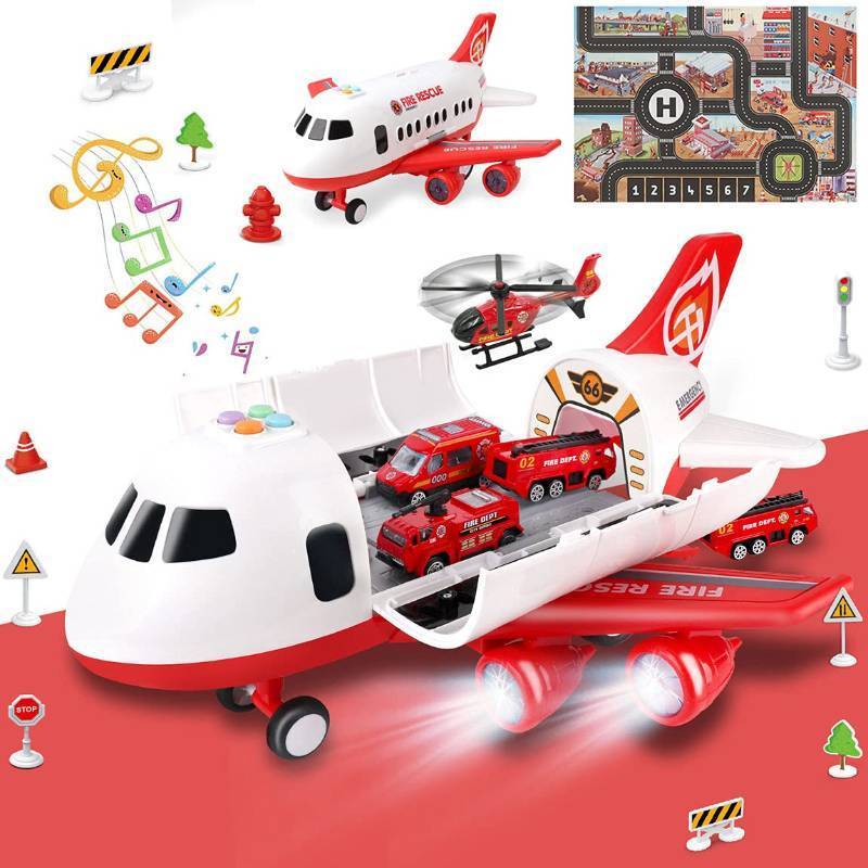 lot 45706 image: Airplane Toy with Fire Truck Cars and Play Mat, Plane with Lights and Sounds for 3  Years Old Boys and Girls - Retail $40
