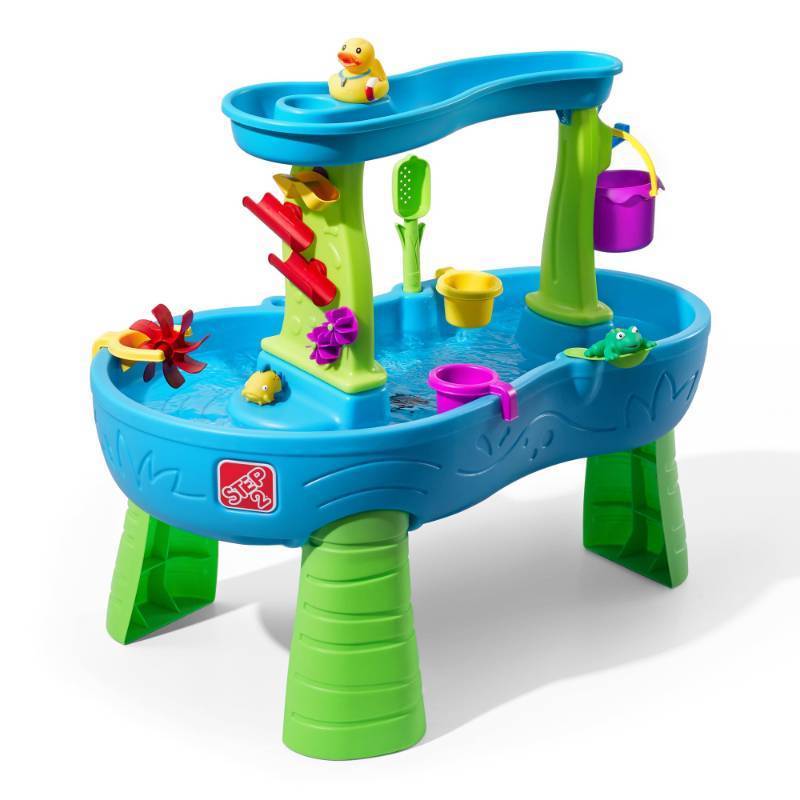 lot 45732 image: Step2 Rain Showers Splash Pond Water Table, Kids Water and Sand Activity Sensory Playset, Summer Outdoor Toys, 13 Piece Water Toy Accessories, For Toddlers 1.5 Years Old, Blue & Green - Retail $99
