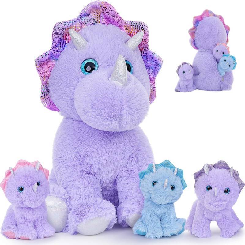 lot 45742 image: Purple Triceratops Stuffed Animal, 21 Mommy Stuffed Dinosaur with 3 Babies, Soft Triceratops Plush Toy, Huggable Dinosaur Family for Room Decor, Christmas Birthday Gifts for Kids Boys Girls - Retail $38