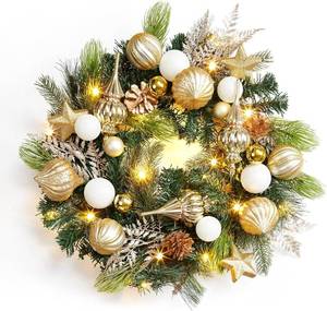 lot 171252 image: Garvee Christmas Wreath with Lights for Front Door, 24in Large Outdoor Christmas Wreaths, Battery Operated Prelit Xmas Wreath with Gold White Ball Ornaments for Fireplace Window Wall Decor
