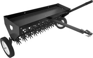 lot 171254 image: Retails for $187 GarveeLife 40 Inch Tow Behind Aerator, Aerator Lawn Tool with Universal Hitch, Adjustable Handle, Transport Wheels, Lawn Aerator Compatible with Tractors for Garden, Farm and Lawn, Black