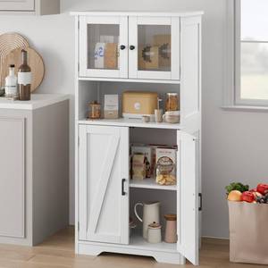 lot 171255 image: Retails for $120 GarveeHome 54 in Tall Bathroom Cabinet, Farmhouse Storage Cabinet with Glass Doors and Adjustable Shelves, Freestanding Kitchen Pantry Cabinets, Cupboard for Living Room, Dining Room, White