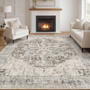 lot 171263 image: Retails for $122 Tortania Area Rug Living Room Rugs - 9x12 Washable Boho Rug Vintage Oriental Distressed Farmhouse Large Thin Indoor Carpet for Living Room Bedroom Under Dining Table Home Office - Brown Blue