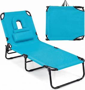 lot 171267 image: Goplus Tanning Chair, Folding Beach Lounge Chair with Face Hole, Removable Pillow, Carry Strap, Position Adjustable, Sunbathing Chair, Portable Outside Lounge Chair for Patio Pool