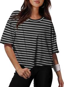 lot 171268 image: XIEERDUO Cotton Tshirts for Women Drop Shoulder Round Neck Oversized Crop Tops Workout Tops Tees