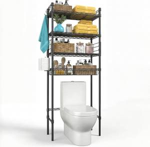 lot 171270 image: Over The Toilet Storage Shelf - 4-Tier Adjustable Metal Bathroom Organizer Shelves, Freestanding Space Saver with Basket & Paper Holder, Bathroom Storage Rack Above Toilet for Laundry, Black