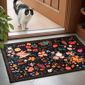 lot 171274 image: Boho Floral Entryway Rug 2x3, Washable Small Mat for Bathroom and Kitchen, Non Slip Front Door Mat Indoor Entrance, Vintage Style Flower Mat with Rubber Backing, Soft Area Rug for Entry Way (Black)