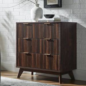 lot 171277 image: Retails for $145 T4TREAM Fluted 3 Drawer Dresser, 32 Tall Modern Chest of Drawers, Curved Profile Design, Wood Drawer Organizer for Bedroom, Living Room, Hallway, Entryway, Dark Walnut