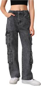 lot 171278 image: OYOANGLE Girls Cargo Jeans Elastic Waist Flap Pocket Straight Leg Pants Y2K Denim Pants