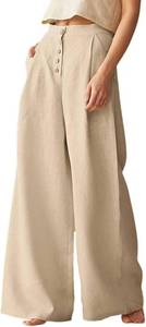 lot 171281 image: CHARTOU Womens Summer Button High Waist Wide Leg Cotton Linen Palazzo Pants with Pockets