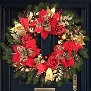lot 171284 image: Christmas Wreaths for Front Door,Winter Wreaths for Indoor and Outdoor Christmas Decorations,Christmas Door Wreath with Red Christmas Flowers and Golden Ball,Pine Cones for Christmas Decor