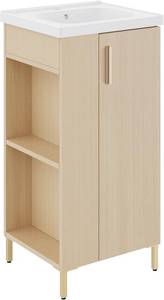 lot 271303 image: Retails for $190 phiestina 16 Inch Small Bathroom Vanity, Freestanding Oak Bathroom Cabinet with Ceramic Sink, Soft-Close Door, Left Side Storage, No Faucet,BV05-16-OAK-JH