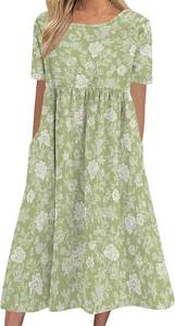 lot 271306 image: Boho Floral Print Midi Dress for Women High Waisted Short Sleeve Dress 2025 Trendy Flowy Casual Dresses with Pockets