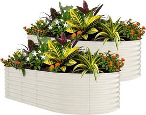 lot 271308 image: Retails for $136 Garvee 2 Pack 8x4x1.5ft Galvanized Raised Garden Bed Kit, Oval Metal Planter Boxes with Anti-Cut Safety Edges, Rust-Resistant Deep Root Planters for Outdoor Vegetables, Flowers, Herbs, Beige