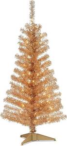 lot 271310 image: National Tree Company 4 ft Pre-Lit Champagne Gold Tinsel Mini Artificial Christmas Tree, 70 Clear Lights, 110 Tips, Includes Stand