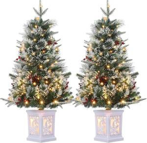 lot 271314 image: 3 Ft Pre-Lit Christmas Tree, 2 Set Artificial Christmas Trees with Lighting Snowflake Base, Snow Flocked Xmas Trees with 70 LED Lights, Battery Operated and Timer Function, Christmas Decoration