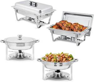 lot 271316 image: Retails for $115 Garvee 4 Pack Chafing Dish Buffet Set, 8 Qt Rectangle & 5 Qt Round Stainless Steel Chafers and Food Warmer Sets with Lid, Food & Water Pan and Fuel Holder for Events, Parties & Holiday Catering