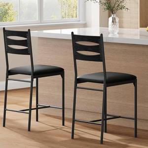 lot 371236 image: Garvee Bar Stools Set of 2, Counter Height Bar Chairs with Back and Thick Cushion, Upholstered Dining Chairs with Padded Seat, Barstools for Kitchen Island, Bar, Dining Room, Black