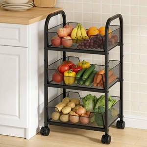lot 371245 image: 3 Tier Fruit Vegetable Basket for Kitchen,Fruit and Vegetable Storage with Rolling Wheels,Metal Cart for Fruit Vegetable Onion Potato Snacks Organization,15.75X11.81X27.95,Black