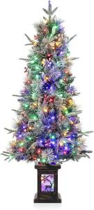 lot 371247 image: Garvee 4.5 ft Prelit Artificial Christmas Trees with 150 Warm Lights & 20 Clusters Red Berry, Artificial Potted Xmas Tree with 8 Lighting Modes, Elk Base, Holiday Decor, Set of 1