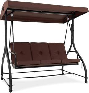 lot 371254 image: Retails for $200 HAPPYGRILL 3 Seat Outdoor Porch Swing, 2-in-1 Swing Glider with Adjustable Canopy, Removable Cushions, Foot Pad, Curved handrails, Outdoor Swing for Patio Yard Garden Balcony Backyard