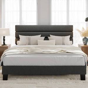 lot 471362 image: Retails for $190 Garvee Upholstered Bed Frame with Fabric Headboard, Platform Bed with Engineered Wood Slats and Iron Frame, No Box Spring Needed, Heavy Duty Support, Grey