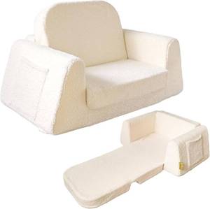 lot 471370 image: BanaSuper Extra-Wide Kids Sofa for Toddlers, 2-in-1 Convertible Memory Foam Couch to Lounger, Fold-Out Soft Sherpa Baby Sofa Bed & Reading Chair for Age 2-8, Gift for Boys & Girls, Beige