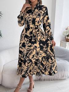 lot 471374 image: Womens Collar Button Down Shirt Dress Floral Print Long Sleeve Tie Waist Swing Flowy Ruffle Midi Dresses
