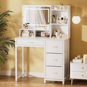 lot 471376 image: Retails for $110 Kitsure Vanity Desk with Mirror and Lights - Large Capacity Makeup Vanity with 4 Fabric Storage Drawers & 3 Lighting Modes, Vanity Table Set with Sturdy Metal Frame for Bedroom, White, 35 x 17 x 52