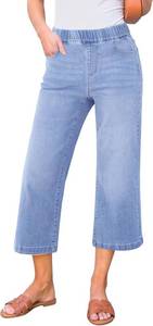 lot 471380 image: GRAPENT Capri Jeans for Women Wide Leg High Waisted Effortless Flow Pull On Stretchy Denim Elastic Waist Pants with Pockets (L)