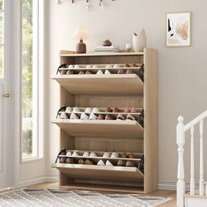 lot 471385 image: Retails for $130 GarveeHome Shoe Cabinet with 3 Flip Drawers, Wooden Shoe Organizer Cabinet with Adjustable Shelf, Shoe Storage for Entryway, Hidden Shoe Cabinet for Hallway, Living Room, Natural Oak