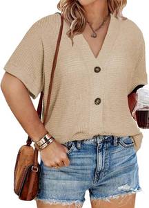 lot 471394 image: Eytino Womens Plus Size Tops Casual V Neck Short Sleeve Waffle Knit Button Down Shirts(S)