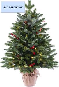 lot 271302 image: 3ft Pre-Lit Premium Artificial Christmas Tree with 80 LED Lights Frazer Fir Mini Xmas Trees, Cement Burlap Base Basin, for Home Tabletop, Green