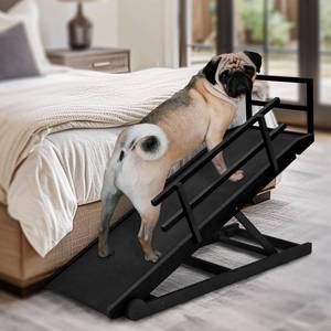 lot 142051 image: Retails for $119 Dog Ramp for Bed, Adjustable Pet Ramps for Dog to Get on Bed, Non-Slip Rubber Surface - Folding Wooden Dog Ramp for SmallLargeOld Dogs, Adjustable up to 23.5 inch High Beds, Safety Railings