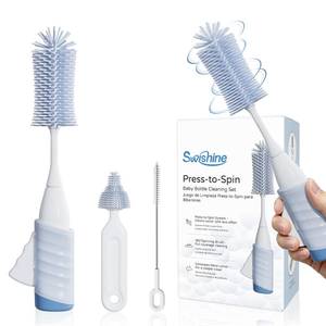 lot 8733 image: Swishine Baby Bottle Brush Set, Innovative Efficient Press-to-Spin Brush Cleaner - Includes Silicone Bottle Brush, Nipple Brush, Straw Cleaner - Spinning Generates Rich Foam for Deep Cleaning, Blue - Retail $16