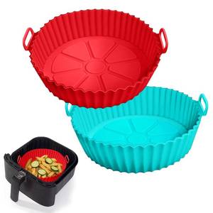 lot 8740 image: 2 Pack Air Fryer Silicone Liners Pot for 3 to 5 QT, Basket Bowl, Replacement of Flammable Parchment Paper, Reusable Baking Tray Oven Accessories, RedBlue, (Top 8in, Bottom 6.75in) - Retail $7