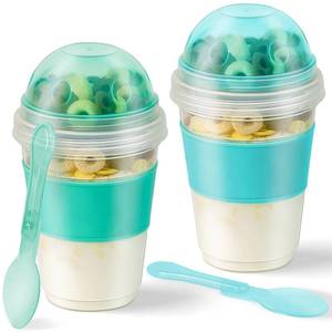 lot 8741 image: Freshmage Yogurt Parfait Cups with Lids, 2 Pack 20 oz Reusable Overnight Oats Containers with Lids, Topping Compartment & Spoon to Go for Breakfast Meal Prep, Portable & Lightweight (Blue&Green) - Retail $9