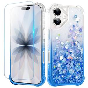 lot 8751 image: Ruky for iPhone 17 Case, with Screen Protector Glitter Sparkle Flowing Quicksand Waterfall Flexible Soft TPU Protective Women Girls Phone Case for iPhone 17 6.3 inches, Gradient Blue - Retail $10