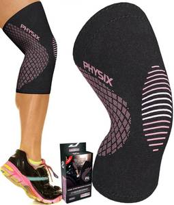 lot 8754 image: PHYSIX GEAR Knee Support Brace - Premium Recovery & Compression Sleeve for Meniscus Tear, ACL, MCL Running & Arthritis - Best Neoprene Stabilizer Wrap for Crossfit, Squats & Workouts (Single Pink S) - Retail $8